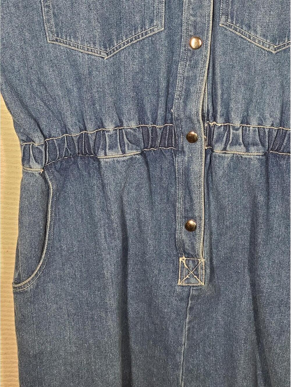 Vintage 90s Denim Dress 100% Cotton Blue Jeans Large Slim Skirt Snap Front Y2k - Picture 5 of 9